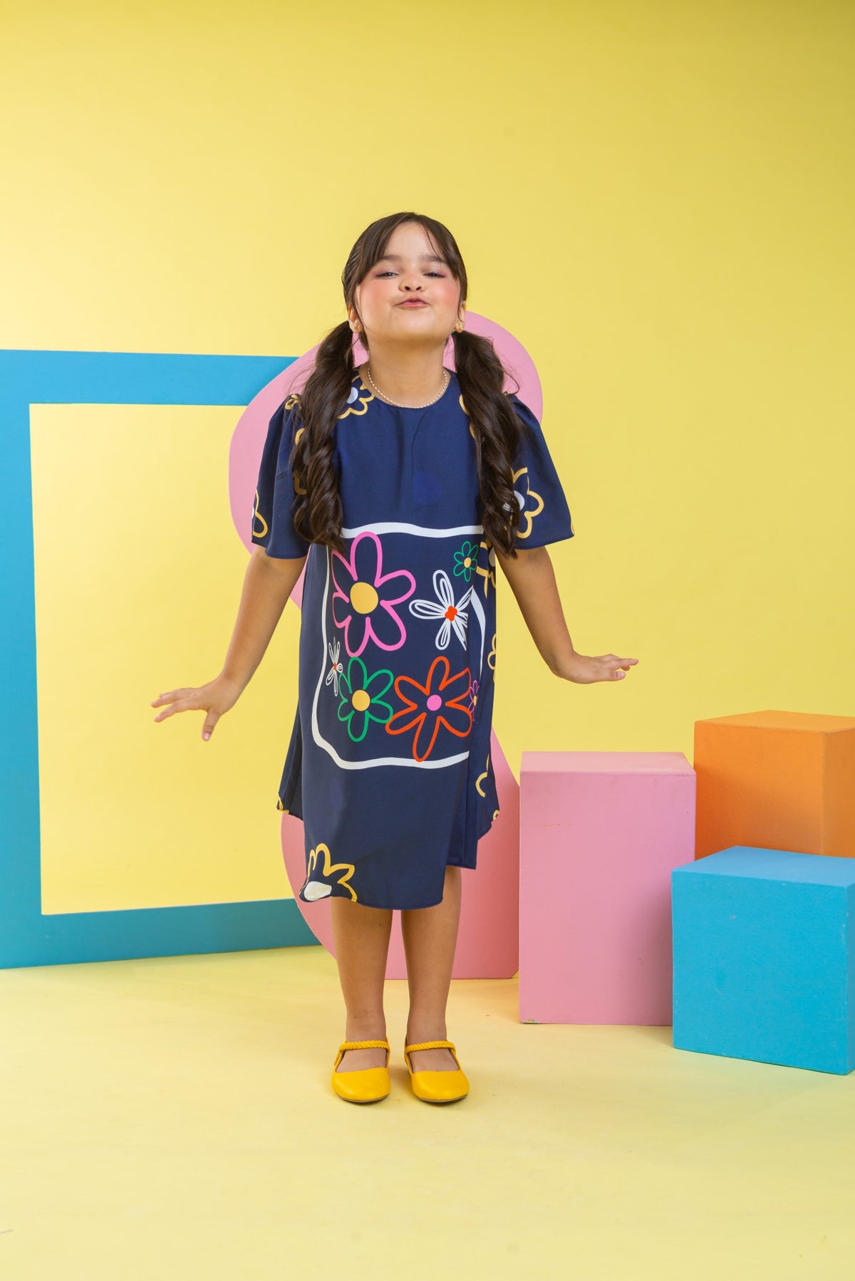 Vestido Trapézio Infantil Menina Azul Flores