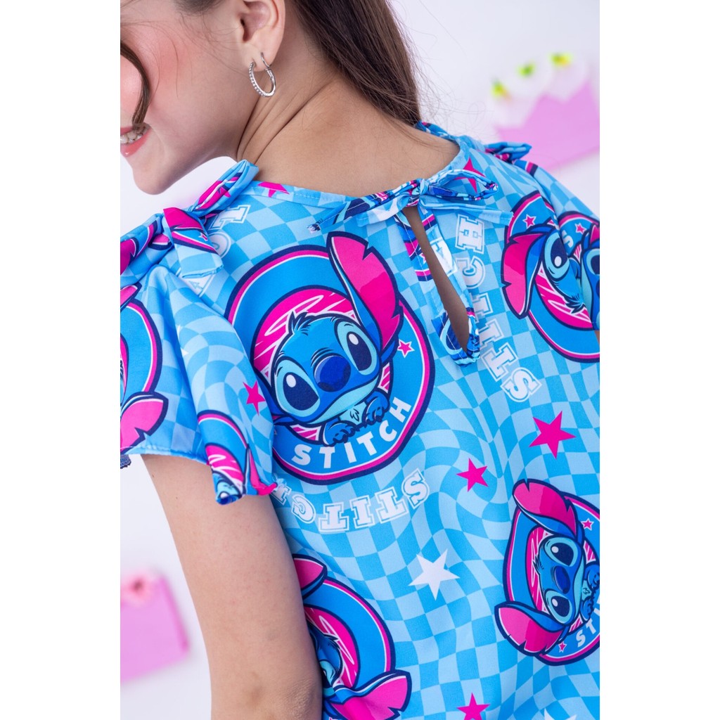 Conjunto Stitch Infantil Menina Manga Babado Com Laço Azul Conjunto Lilo Stitch Juvenil