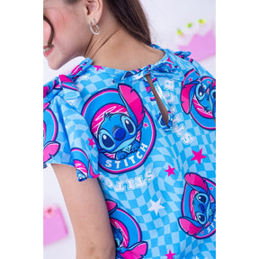 Conjunto Stitch Infantil Menina Manga Babado Com Laço Azul Conjunto Lilo Stitch Juvenil