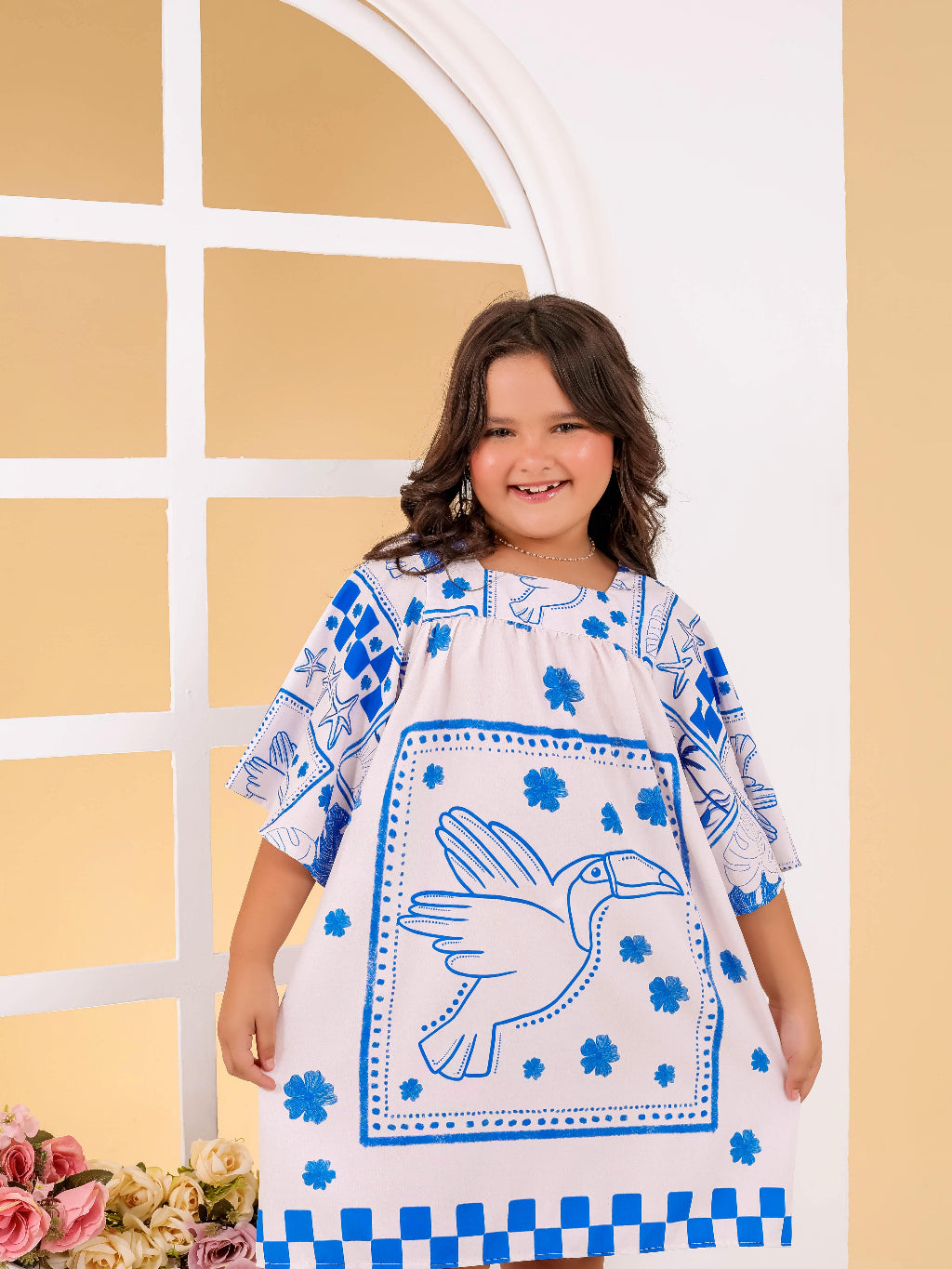 Vestido Manga Longa Infantil Menina Moda Festas Estampa Farm Animais Flores