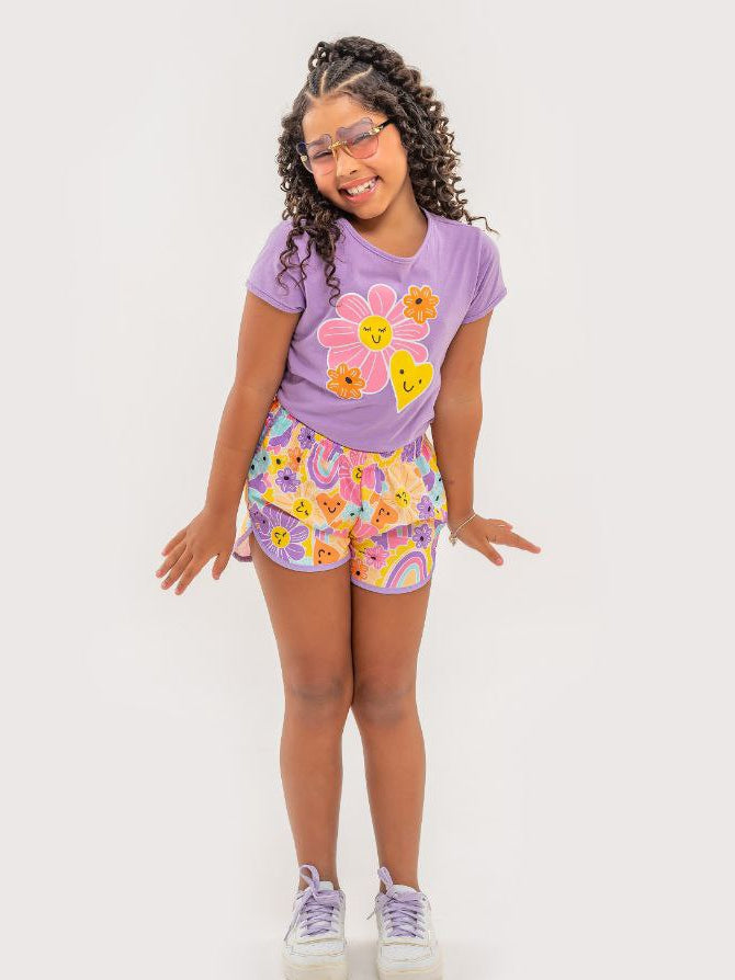 Conjunto Infantil Menina Short e Blusa Flor e Coração Tamanhos 4, 6 e 8
