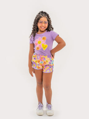 Conjunto Infantil Menina Short e Blusa Flor e Coração Tamanhos 4, 6 e 8