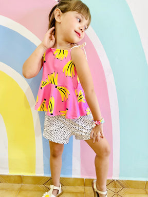 Conjunto Infantil Menina Blogueirinha Short e Blusa Babado Estampa Banana