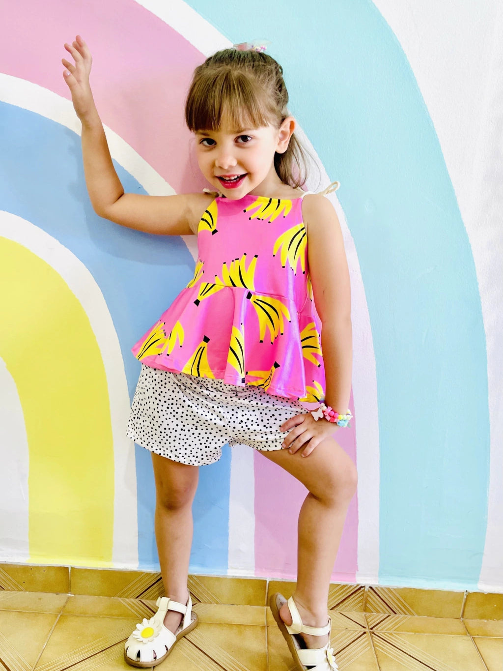 Conjunto Infantil Menina Blogueirinha Short e Blusa Babado Estampa Banana