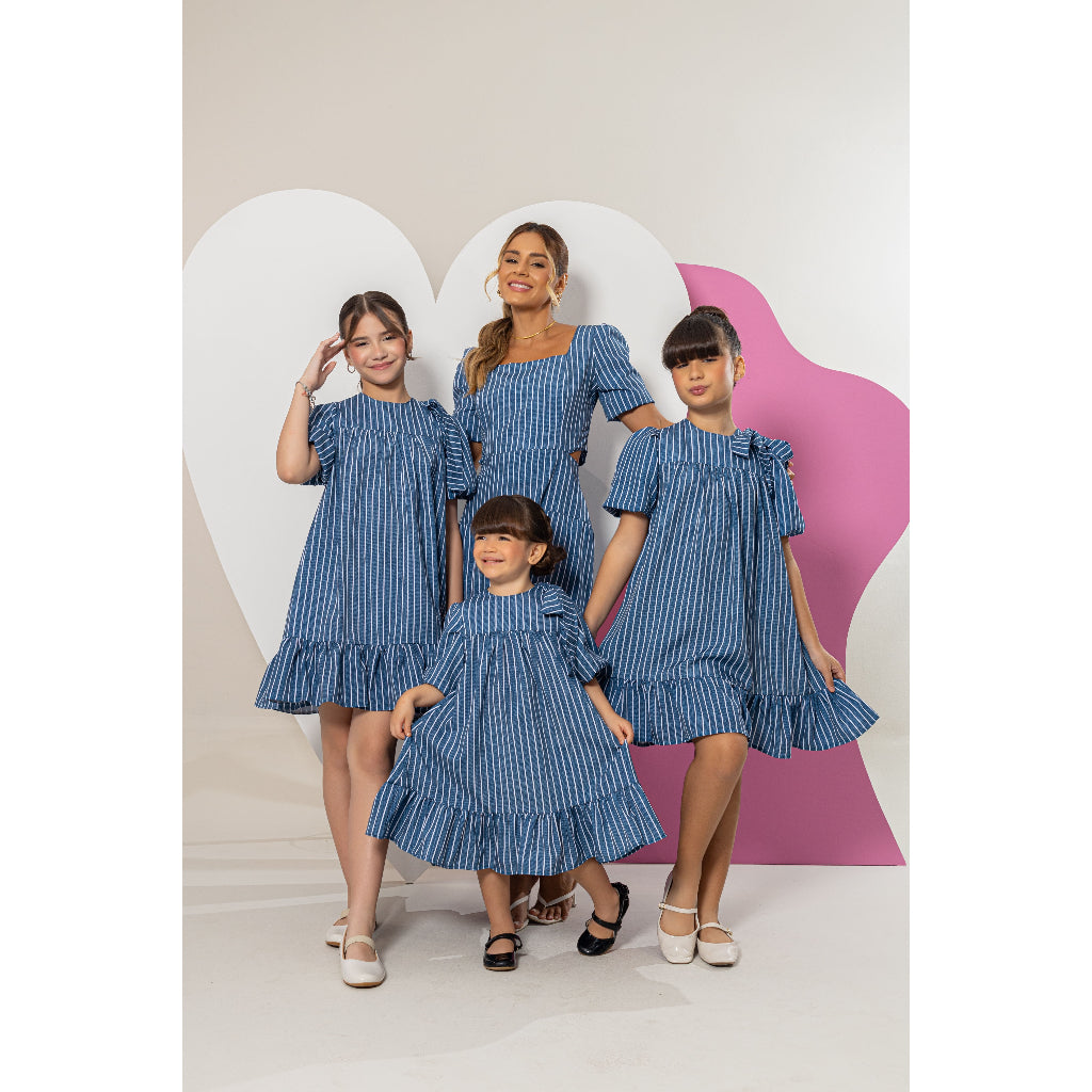 Vestido Longo Infantil Feminino Mãe e Filha Manga Bufante