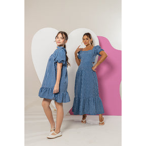 Vestido Longo Infantil Feminino Mãe e Filha Manga Bufante