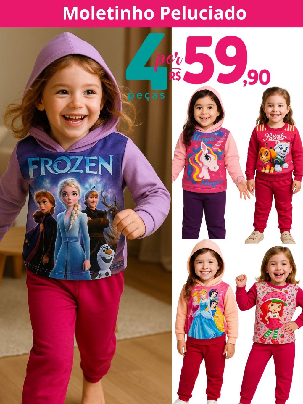 Kit 4 Peças Conjunto De Frio Infantil Menina Peluciado Personagens Desenhos 1 ao 8 Outono e Inverno