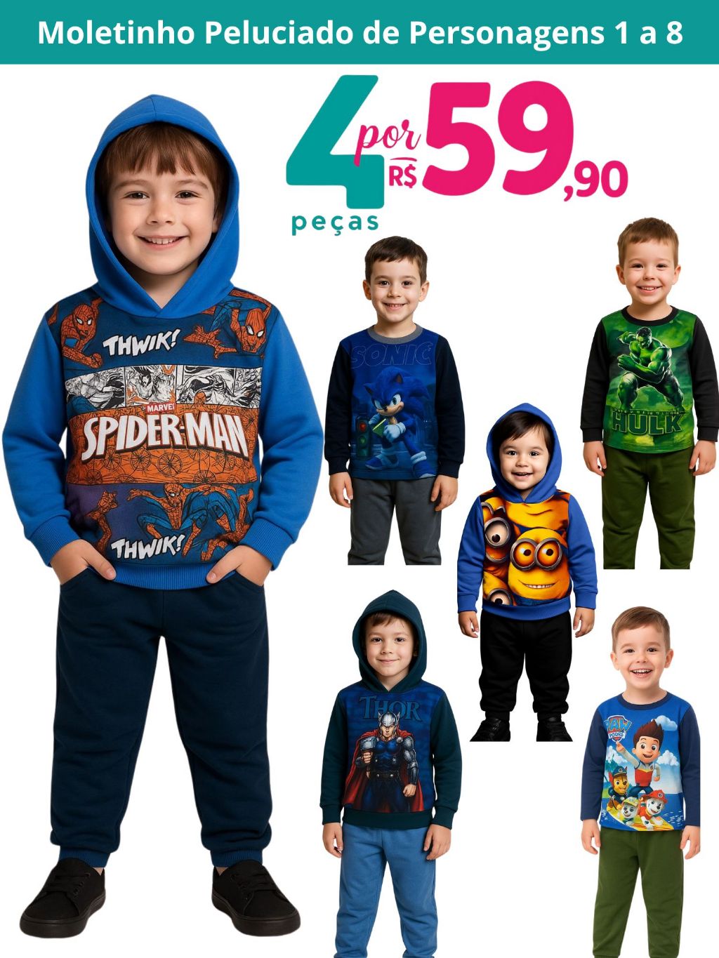 Kit 4 Peças Conjunto De Frio Infantil Menino Peluciado Personagens Desenhos 1 ao 8 Outono e Inverno