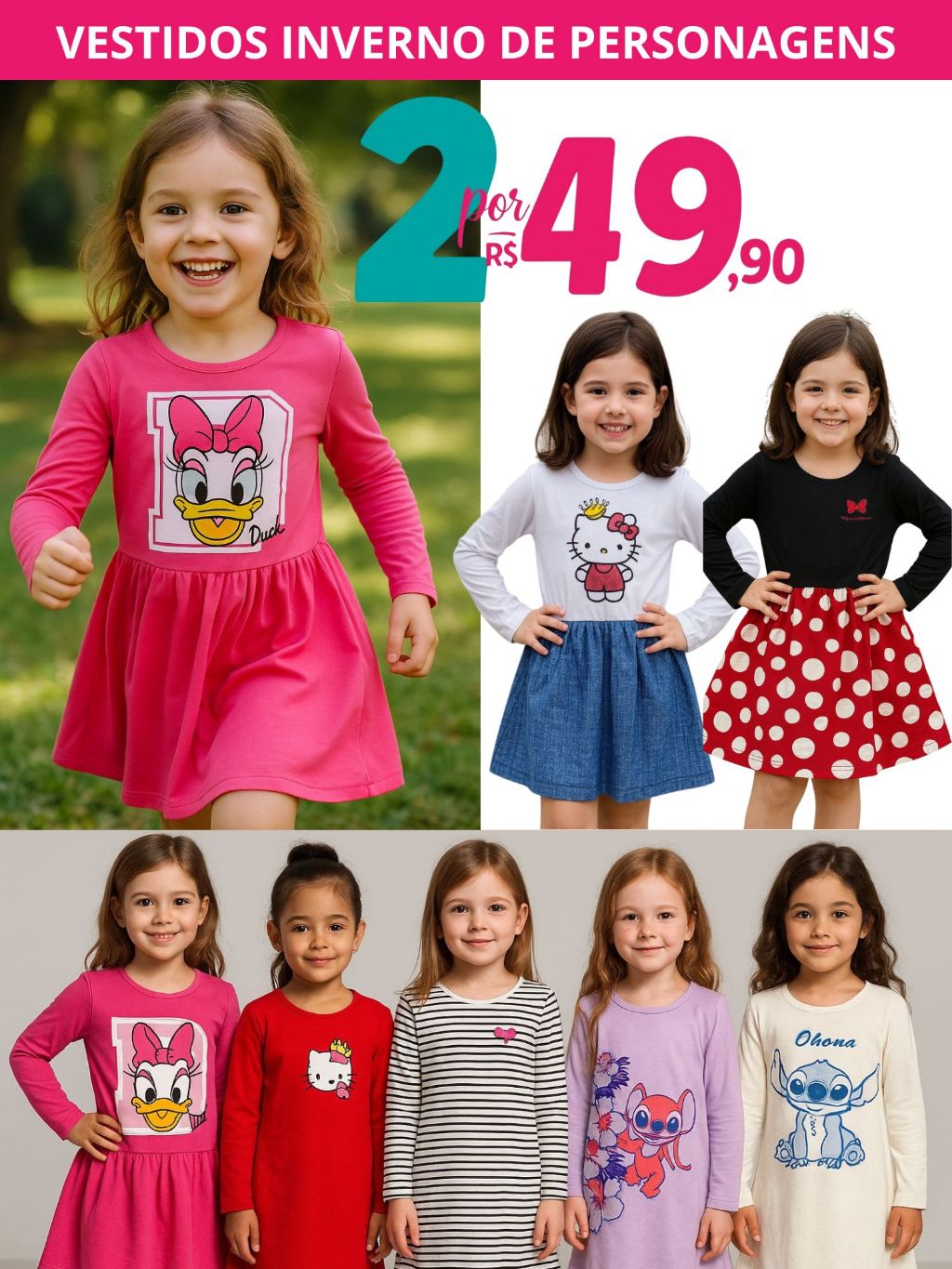 Kit 2 Vestidos Manga Longa Infantil De Personagens Para o Frio 2 a 8 Anos Outono e Inverno