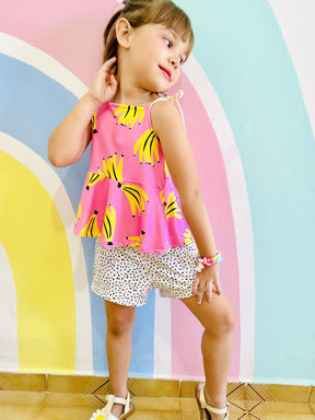 Conjunto Infantil Menina Blogueirinha Short e Blusa Babado Estampa Banana