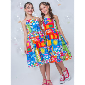 Vestido Infantil Stitch Menina Juvenil Com Alças Estampa Stitch Colorido