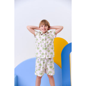Conjunto Infantil Menino Estiloso Blusa Com Gola E Manga Estampa Coqueiros