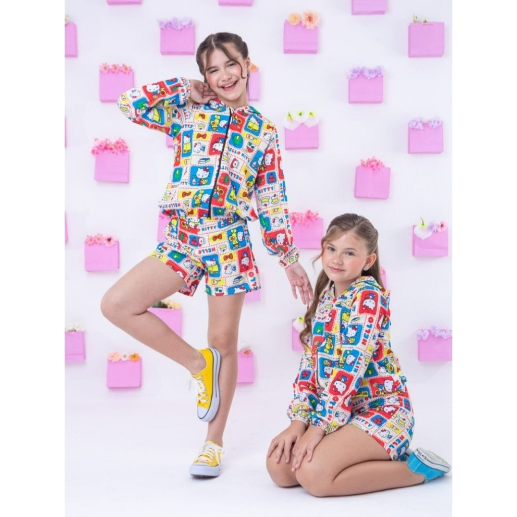 Casaco Blusa De Frio Hello Kitty Conjunto Blogueirinha Feminino Short e Blusa Com Capuz Zíper