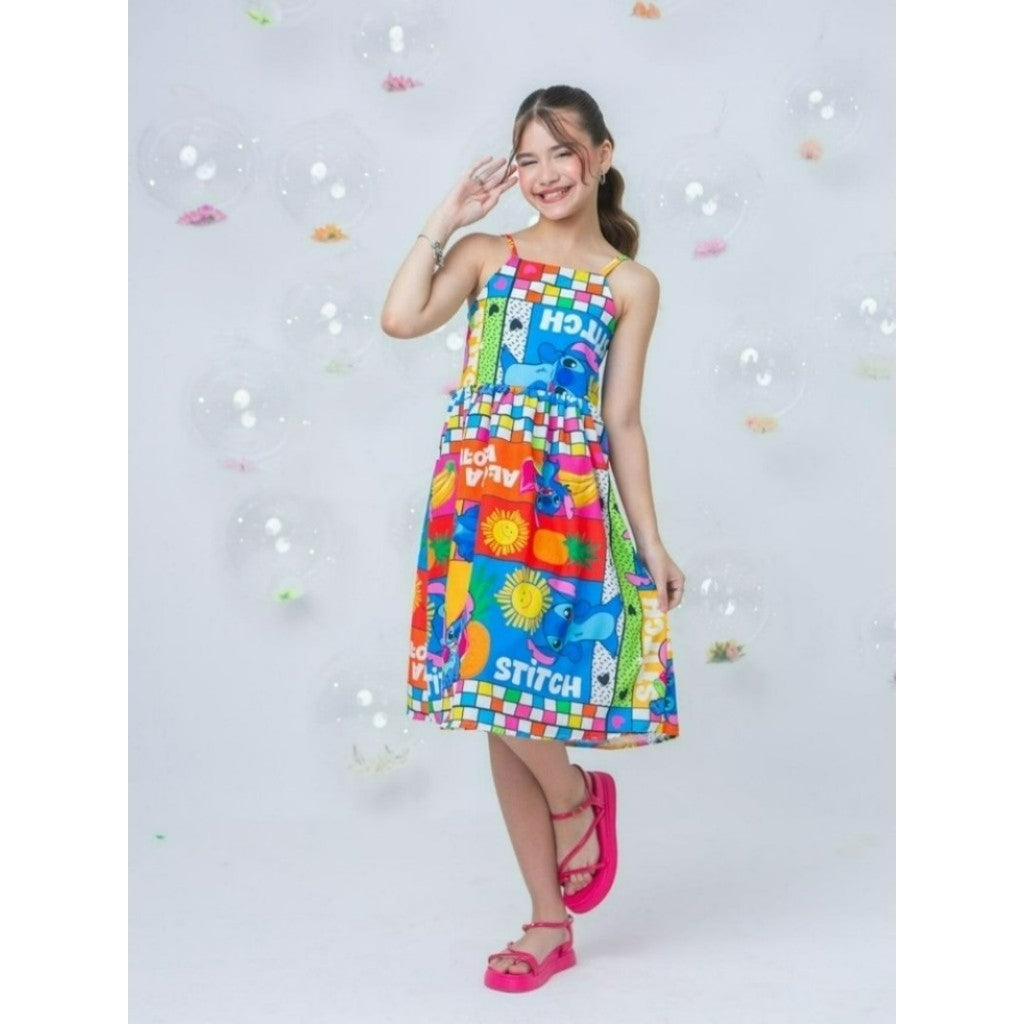 Vestido Infantil Stitch Menina Juvenil Com Alças Estampa Stitch Colorido