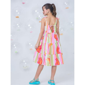 Vestido Infantil Menina Juvenil Com Alças Estampa Listrado Bananas Aberto Com Amarração Atrás