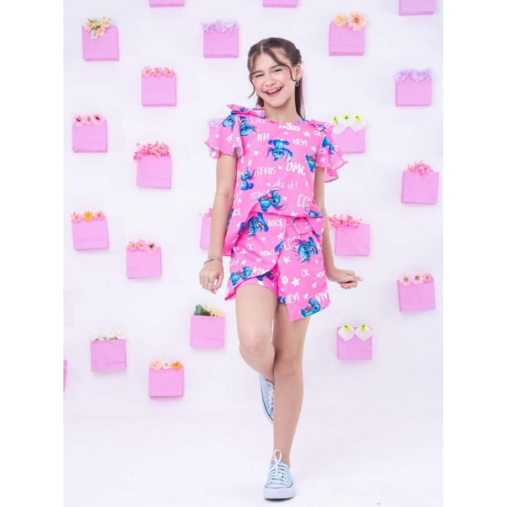 Conjunto Stitch Infantil Menina Manga Babado Com Laço Rosa Conjunto Lilo Stitch Juvenil