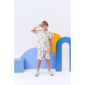 Conjunto Infantil Menino Estiloso Blusa Com Gola E Manga Estampa Coqueiros
