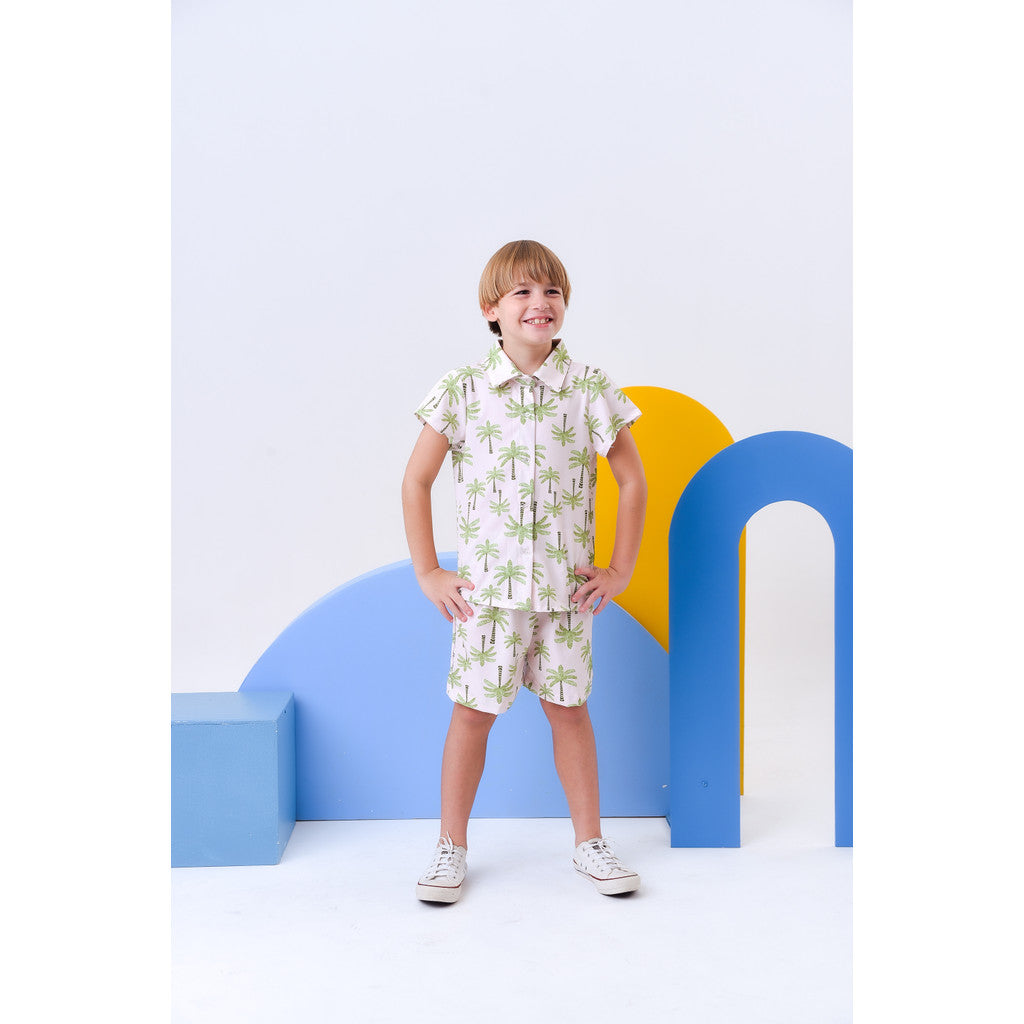 Conjunto Infantil Menino Estiloso Blusa Com Gola E Manga Estampa Coqueiros