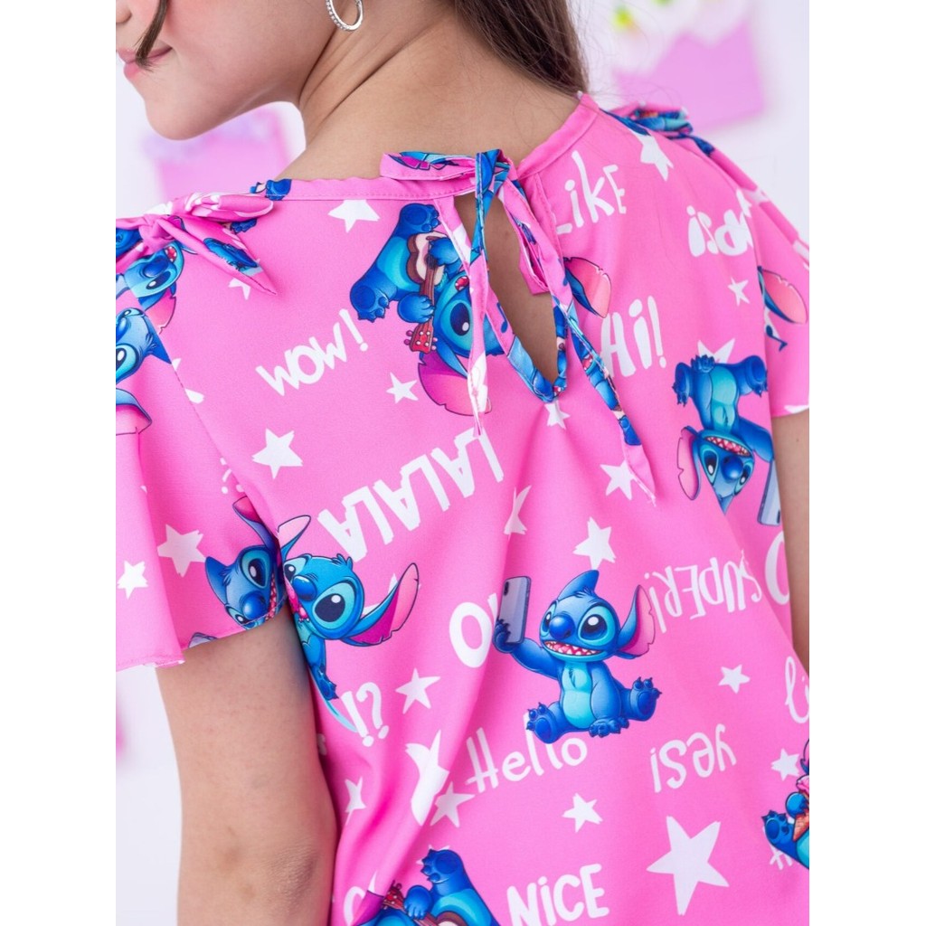 Conjunto Stitch Infantil Menina Manga Babado Com Laço Rosa Conjunto Lilo Stitch Juvenil