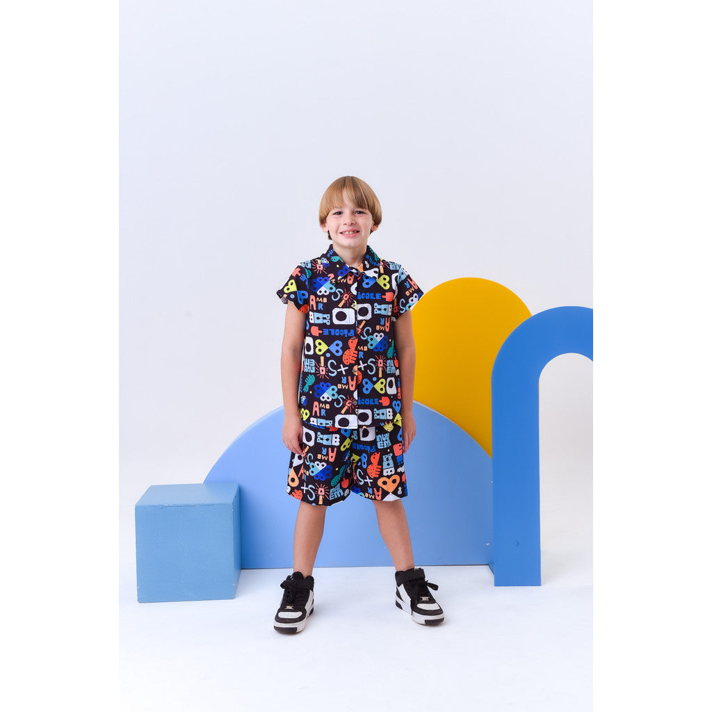 Conjunto Para Menino Infantil Juvenil Blusa Com Gola E Manga Estampa Colorida