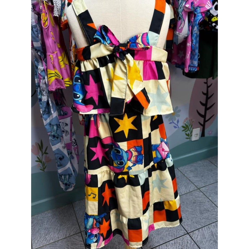 Cropped Infantil Menina Blogueirinha Com Babado Em Camadas Saia e Blusa Stitch Amarração Nas Costas
