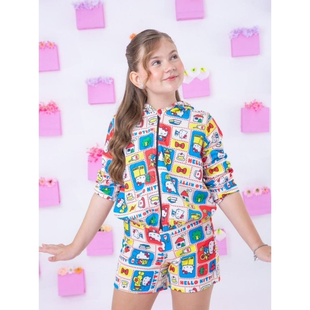 Casaco Blusa De Frio Hello Kitty Conjunto Blogueirinha Feminino Short e Blusa Com Capuz Zíper
