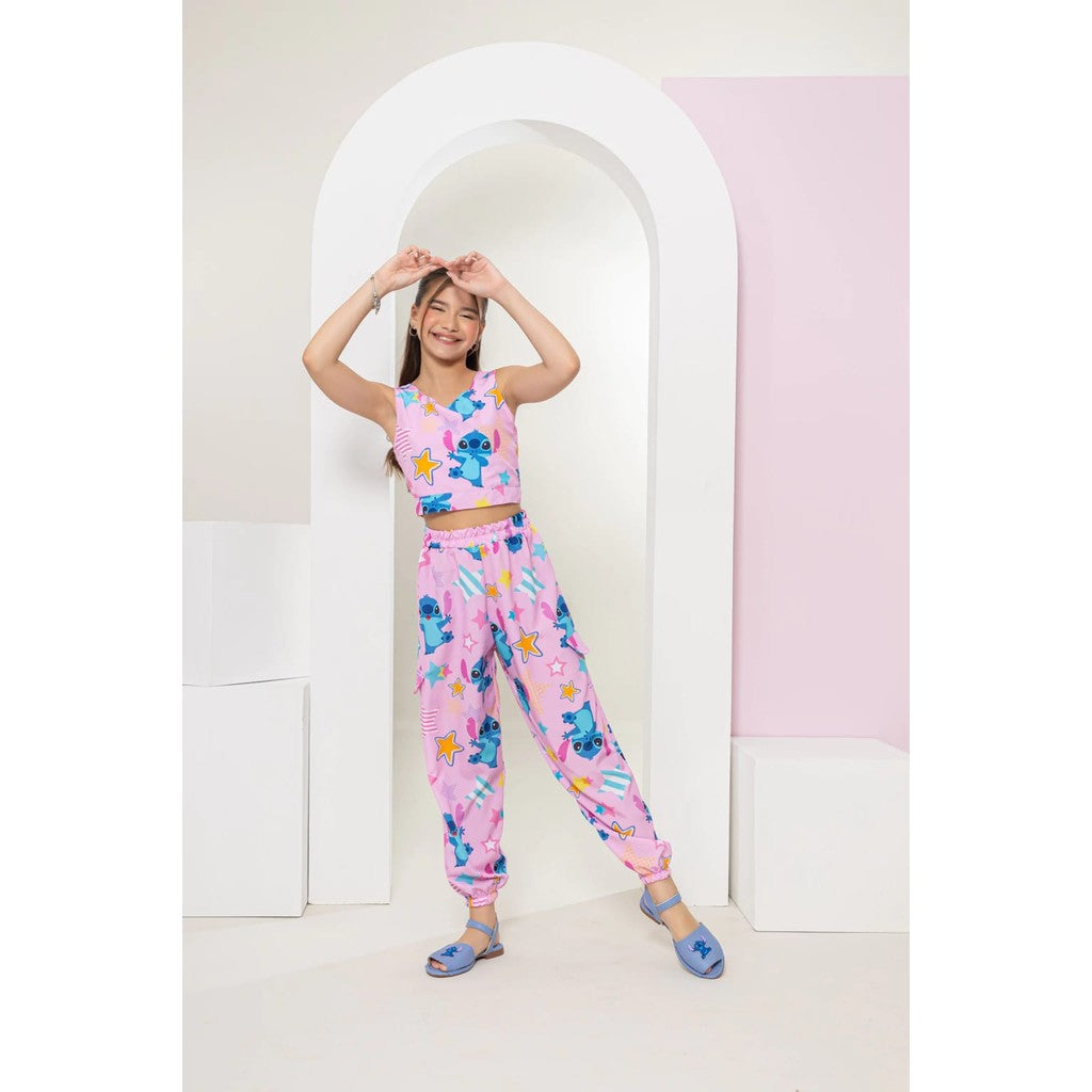 Conjunto Stitch Infantil Menina Calça e Blusa Regata Amarração Atrás