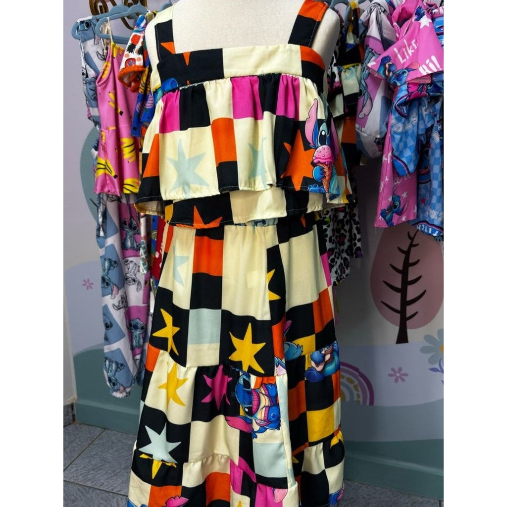 Cropped Infantil Menina Blogueirinha Com Babado Em Camadas Saia e Blusa Stitch Amarração Nas Costas