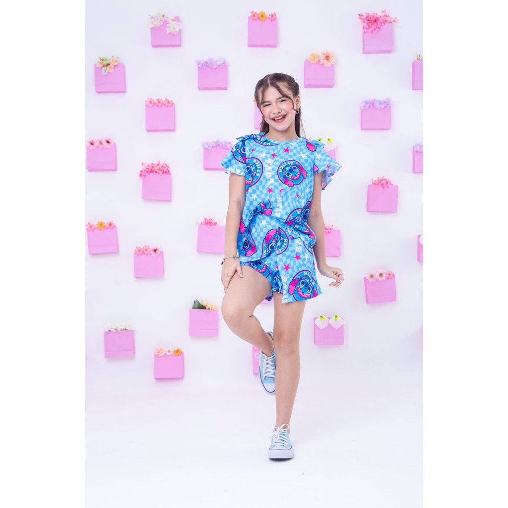 Conjunto Stitch Infantil Menina Manga Babado Com Laço Azul Conjunto Lilo Stitch Juvenil