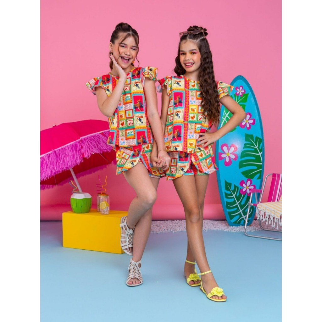 Conjunto Infantil Menina Juvenil Short Saia Babado Na Manga Estampa Animais Frutas
