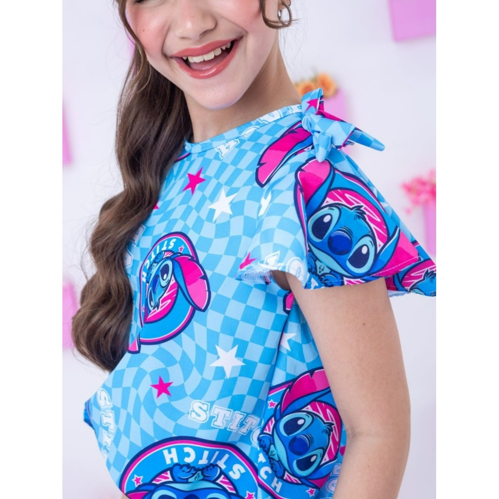 Conjunto Stitch Infantil Menina Manga Babado Com Laço Conjunto Lilo Stitch Juvenil
