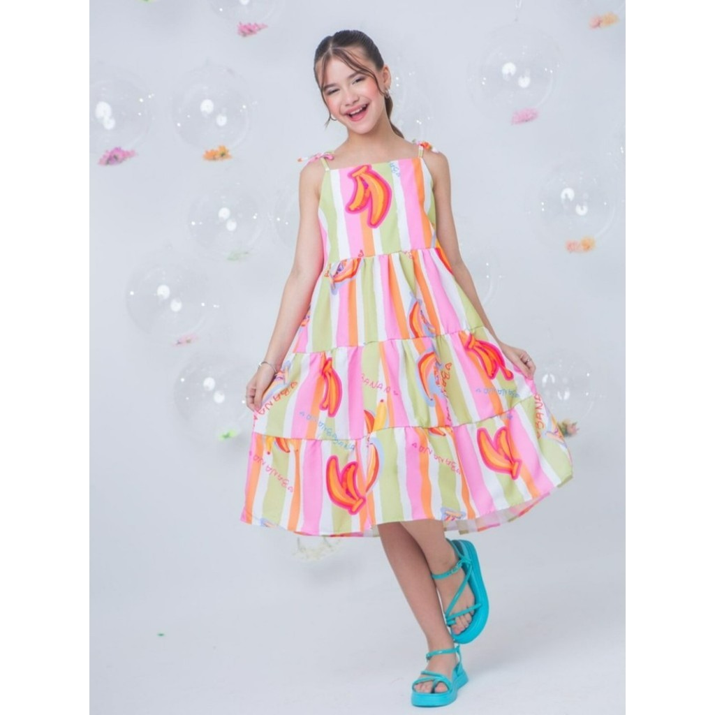 Vestido Infantil Menina Juvenil Com Alças Estampa Listrado Bananas Aberto Com Amarração Atrás