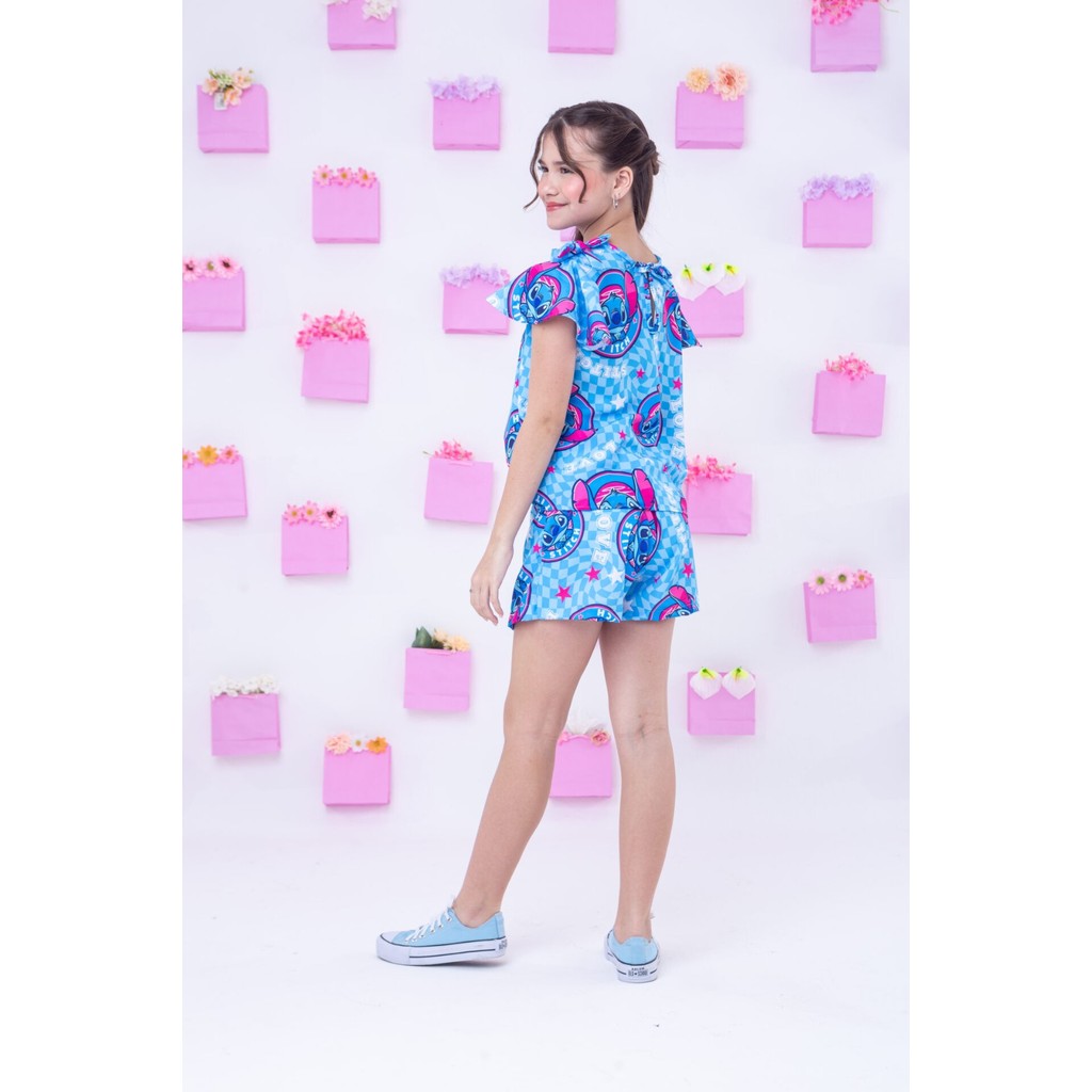 Conjunto Stitch Infantil Menina Manga Babado Com Laço Azul Conjunto Lilo Stitch Juvenil