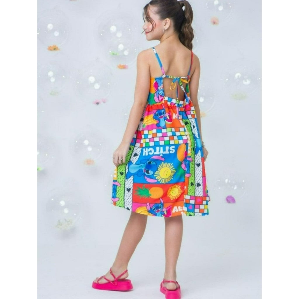 Vestido Infantil Stitch Menina Juvenil Com Alças Estampa Stitch Colorido