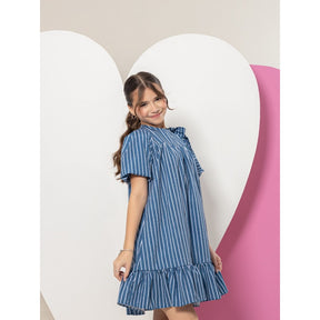 Vestido Infantil Menina Juvenil Manga Bufante Com Laço No Ombro Estampa Listrado