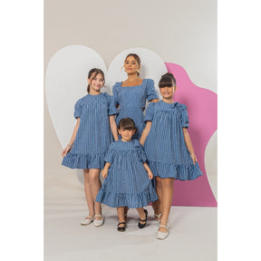Vestido Longo Feminino Luxo Manga Bufante Zíper Nas Costas Estampa Listrado Azul