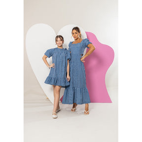 Vestido Longo Feminino Luxo Manga Bufante Zíper Nas Costas Estampa Listrado Azul