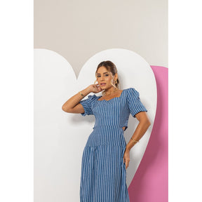Vestido Longo Feminino Luxo Manga Bufante Zíper Nas Costas Estampa Listrado Azul