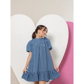 Vestido Infantil Menina Juvenil Manga Bufante Com Laço No Ombro Estampa Listrado