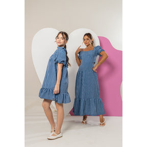 Vestido Longo Feminino Luxo Manga Bufante Zíper Nas Costas Estampa Listrado Azul