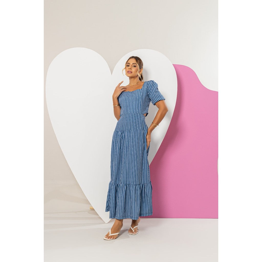 Vestido Longo Feminino Luxo Manga Bufante Zíper Nas Costas Estampa Listrado Azul