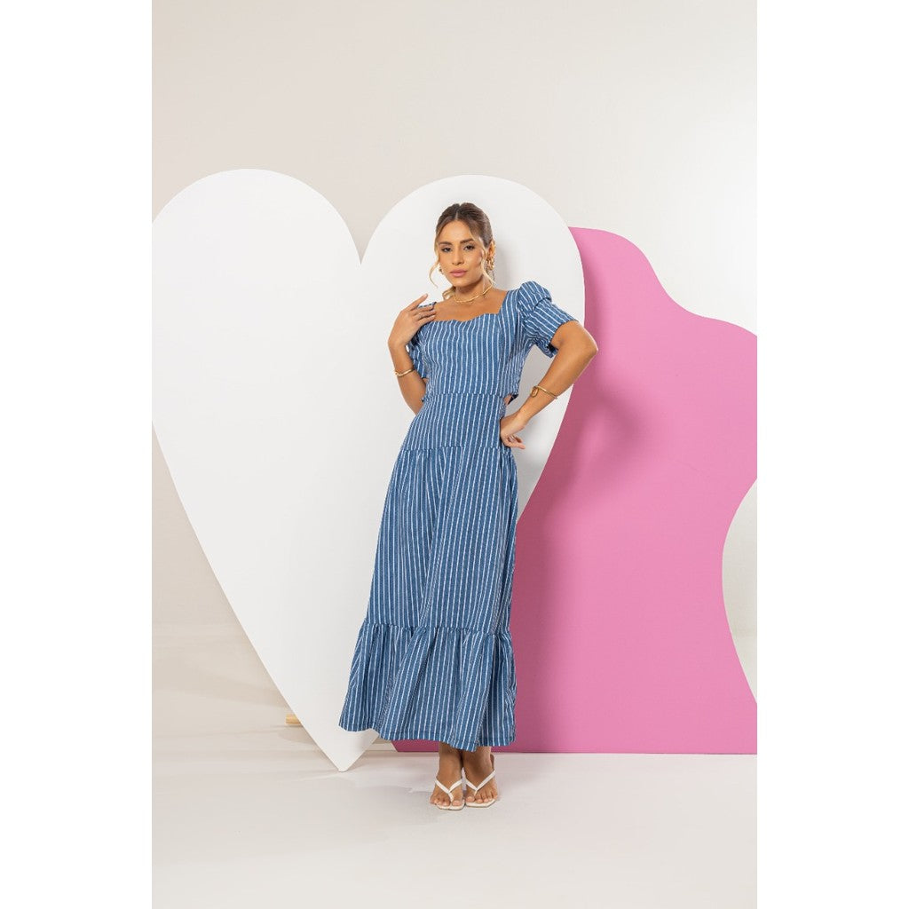 Vestido Longo Feminino Luxo Manga Bufante Zíper Nas Costas Estampa Listrado Azul