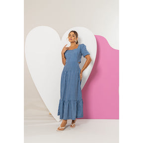Vestido Longo Feminino Luxo Manga Bufante Zíper Nas Costas Estampa Listrado Azul