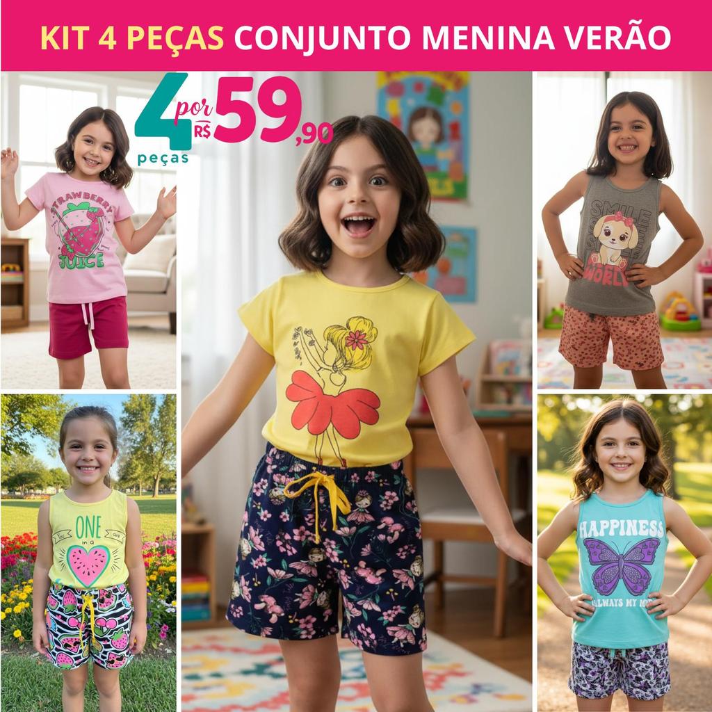 KIT SORTIDO 4 PEÇAS CONJUNTO MENINA VERÃO INFANTIL 1 À 14 ANOS BLUSA E SHORT ALGODÃO